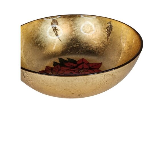 Christmas Holiday Glass Gold Bowl With Poinsettia Design - 10 Inch Diameter x 3 - Picture 3 of 12